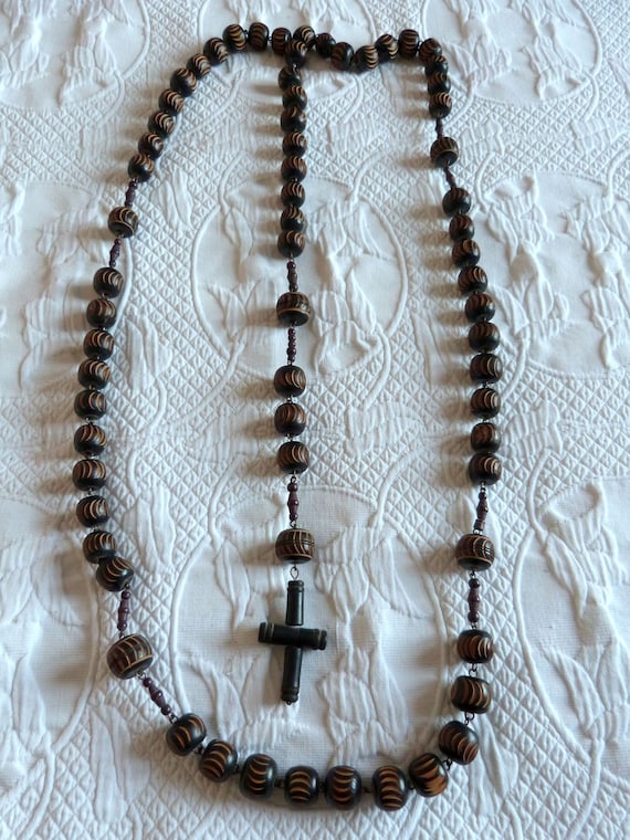 Collana di rosario antico con perline di legno religioso francese  sovradimensionato, ENORME rosario monaco con crocifisso a croce in legno,  perline di legno intagliate a mano -  Italia