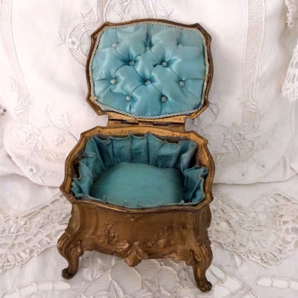 Antique French box floral spelter antique jewelry trinket box, w blue silk padded cushion, jewelry keepsake box w Louis XV commode shape