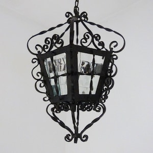 Antique French glass lantern chandelier black iron lighting hanging ceiling light lamp, rustic farmhouse country cottage gothic home decor