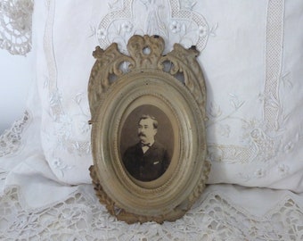 Antique French toleware picture frame w 1900s sepia picture photo of gentleman, oval metal picture frame w glass cover, French home decor