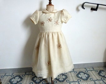 Vintage French hand made bridesmaid girl dress gown robe floral organza dress w flowers 1950s short sleeves dress gown, girls party clothing