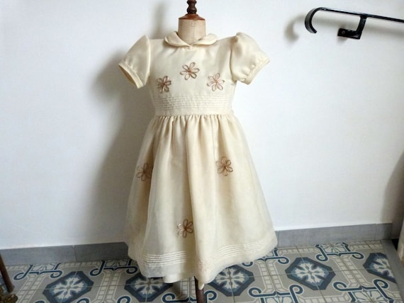 Vintage French hand made bridesmaid girl dress go… - image 1