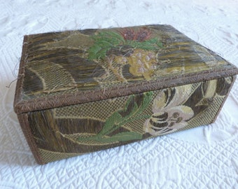 Antique French floral fabric covered box w gold metallic thread, sewing keepsake glove jewelry box, decorative storage box, boudoir decor