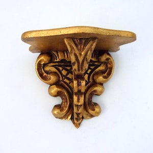 Antique French gilded wooden wall console shelf, hand carved gold tone wood w curls scrolls, 1900s French home wall hanging decor gift