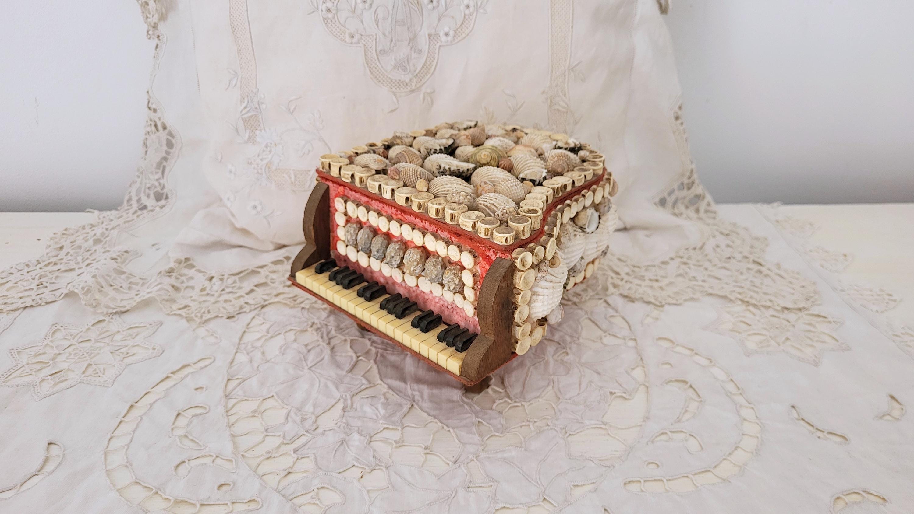 Vintage French Grand Piano Trinket Box, Seashell Art Jewelry
