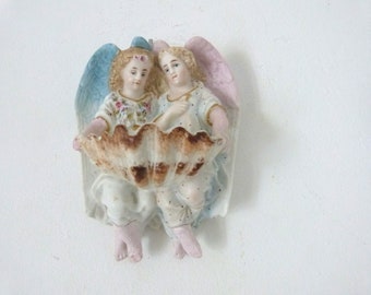 Holy water font w angel sculptures Antique French 1900s angels statue cherub putti hand painted bisque religious stoup statue angel ornament