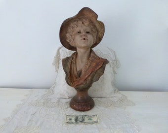 XL Antique French bust statue LARGE polychrome sculpture of boy for cigarette, numbered advertising publicity art, vintage french shop decor