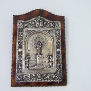 Antique 1900s religious bas relief frame w our lady of the Pillar wall hanging w Madonna and child Jesus, archangels, shields, wall plaque