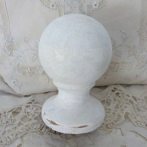 Salvaged architectural wooden white chipped paint staircase ball finial newel post finial stair, French architecture salvage stairs topper