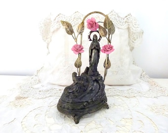 Antique French souvenir of Lourdes music box w the appearance our lady of Lourdes holy virgin Mary statue, saint Bernadette w porcelain rose