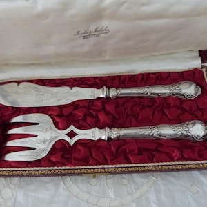 Antique French silver plated fish serving set, knife w fork boxed Ercuis cutlery set tableware, vintage French table ware dining gift