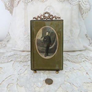 Large antique French ormolu picture frame w ribbon bow design thick beveled glass 1800s picture photo frame w military man, French home deco