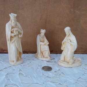 1900s Christmas nativity creche three 3 wisemen magi kings antique French handmade signed wisemen figurines statues, holiday tree home decor