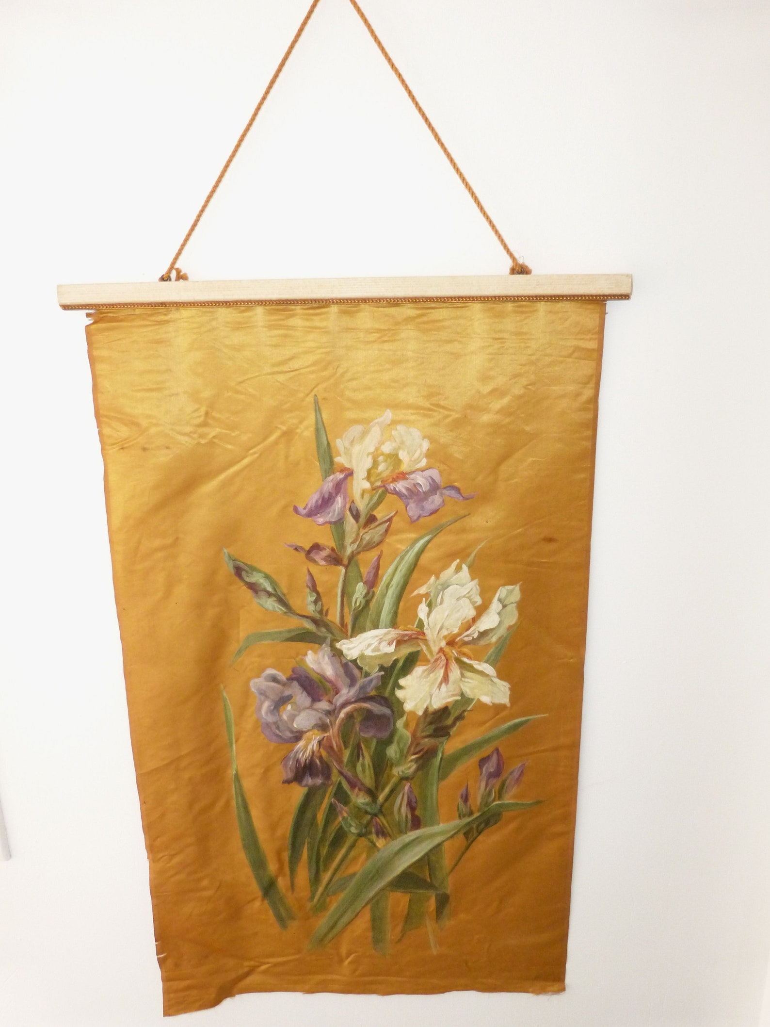 Antique Hand Painted Silk Panel Wall Hanging Art W Irisses Etsy