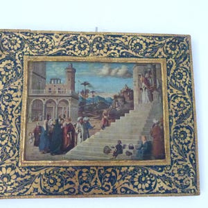 Antique Florentine frame w presentation of Virgin Mary in temple Jerusalem icon gilded wooden devotional religious frame, rare wall art gift