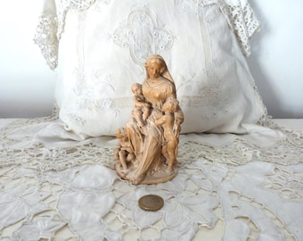 Rare antique French meerschaum religious statue sculpture madonna sedia w child Jesus, st John Baptist, cherub, 1900s devotional art gift