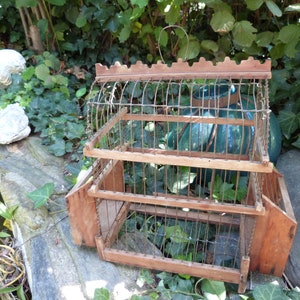 Antique French wooden bird cage w wirework, birdcage from France 1800s rustic farmhouse country cottage home decor, patio garden decor