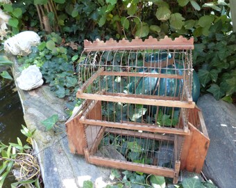 Antique French wooden bird cage w wirework, birdcage from France 1800s rustic farmhouse country cottage home decor, patio garden decor