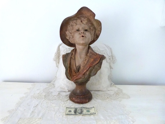 XL Antique French Bust Statue LARGE Polychrome Sculpture of Boy