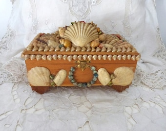 Vintage French seashell art jewelry keepsake box sailor valentine shell art jewelry trinket box w mother of pearl shell, sailors valentine