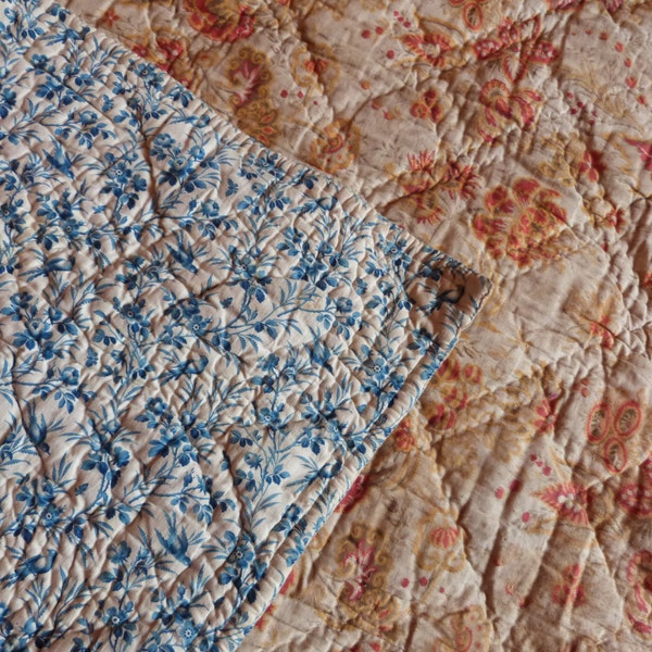 Antique French hand quilted quilt boutis bedspread comforter wool filled throw doublesided coverlet spread, birds, roses, country cottage