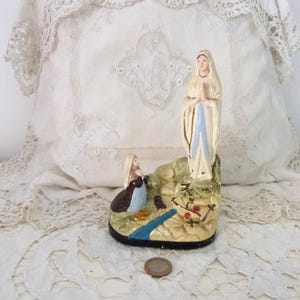 Antique French signed souvenir Lourdes Holy virgin Mary our lady of Lourdes statue w Bernadette religious art decor statue sculpture