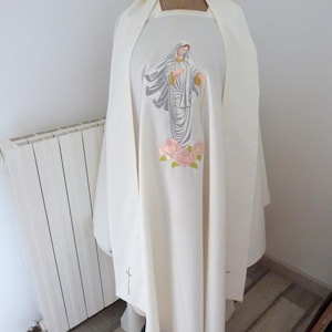 Vintage clergy dress priest cope robe chasuble Holy virgin Mary embroidery, liturgical fabric casel casula religious church vestment w stole