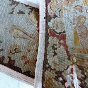 Antique French 1800s handmade needlepoint needlecraft needlework figural panel on canvas, curtain or cushion decorative pillow making panel