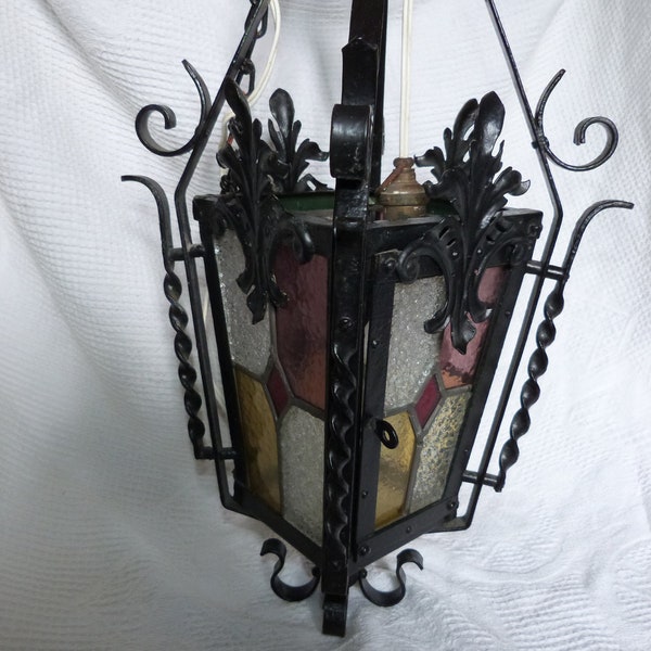 Antique French leaded glass lantern chandelier iron lighting hanging light lamp, rustic country gothic decor