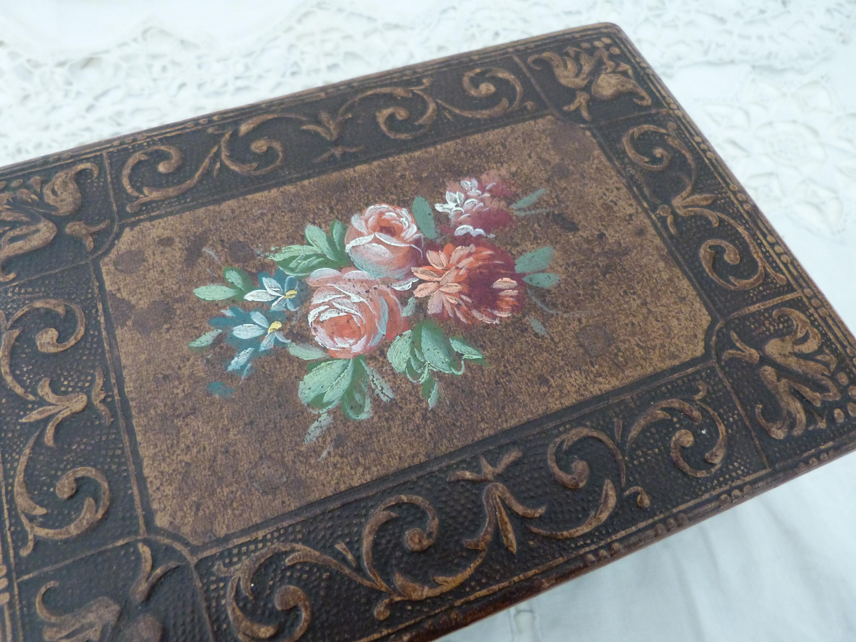 Antique Embossed Leather Wooden Sewing Jewelry Box W Handpainted Roses ...