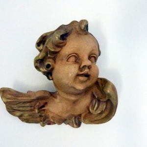 Antique French winged angel face sculpture statue cherub putti wall hanging decor, 1900s handpainted home decor wall ornament christmas gift