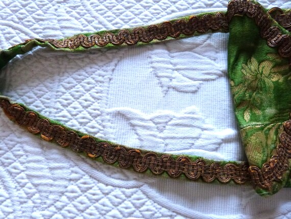 Antique French hand made green silk satin brocade… - image 4