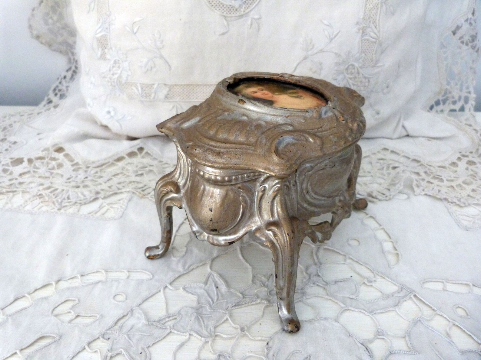 Antique French Floral Spelter Jewelry Trinket Box W Print of Etsy