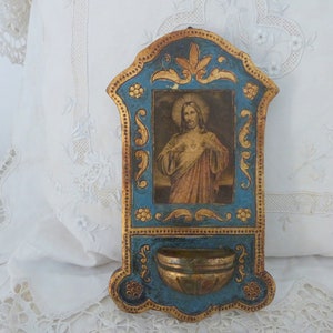Antique holy water font stoup 1900s Florentine font frame w sacred heart of Jesus, gilded wood w Jesus Christ, hand painted floral details