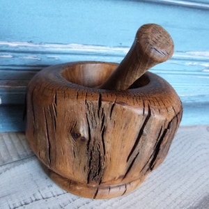 Vintage olive wood mortar w wooden pestle 1900s chemist apothecary kitchen mortar kitchenware France French country cottage decor tree bark
