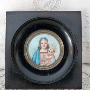 Antique French religious wooden frame w hand painted miniature Madonna and child Jesus, our Holy Mother icon relic shrine frame w dome glass