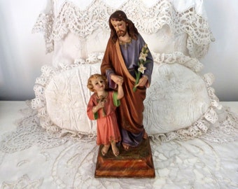 Antique French religious statue of saint Joseph with Holy child Jesus Christ statue sculpture infant Jesus w glass eyes, devotional art