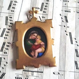 Antique French religious gilded frame w hand painted porcelain miniature Madonna and child Jesus, our Holy Mother icon relic shrine frame
