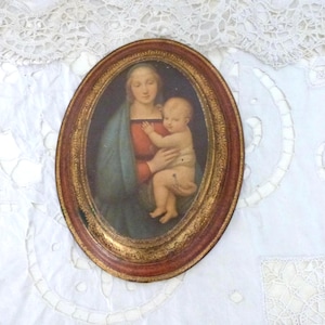 3D Antique Florentine frame madonna and infant child Jesus Christ icon gilded oval wooden devotional religious frame wall decor art gift