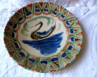 Antique French majolica plate dish, rare LARGE signed French plate w bird barbotine design, thick glaze ceramic plate, tableware table ware