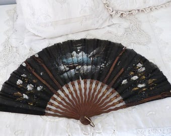 Antique hand fan 1800s folding fan French Chateau hand painted handfan w gilded sandal wooden handle, French boudoir ladies accessories