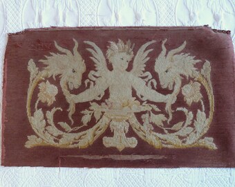 Antique French 1800s handmade needlepoint needlecraft needlework figural panel w angel and dragons 4 cushion decorative pillow making panel