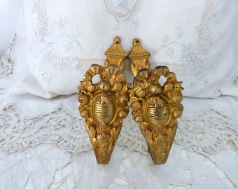 Antique French Rococo bronze curtain tiebacks holdbacks for drapery decor, signed and numbered pair w ribbon bow roses for window projects