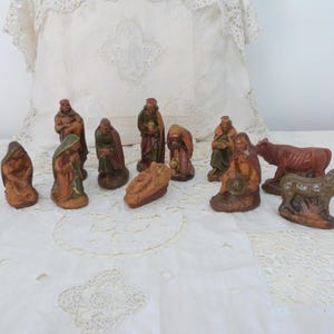 1900s Christmas nativity creche 11pc w child jesus, Mary, Joseph, 3 wisemen magi kings antique French handmade figurines, holiday home decor