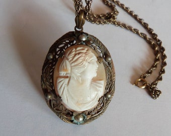 Antique French carved shell cameo necklace w faux pearls, classical lady cameo pendant charm w brass chain necklace 1900s costume accessory