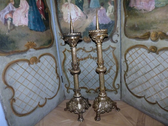 Antique French Pair Bronze Church Candle Stick Holders W Angels HUGE Altar  Candelabra Candle Holders, Religious Church Decor Candlesticks 