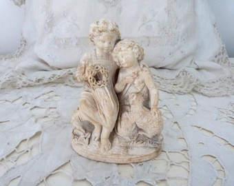 Antique French religious statue infant child Jesus Christ saint John the baptist, agnus dei lamb of God, religious sculpture devotional deco