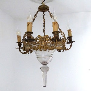 Large antique French religious bronze church Chandelier Ceiling hanging lamp w crystal, RARE devotional Catholic art for church decor gift
