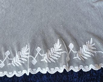 Antique hand embroidered tambour lace window curtain drape long French handmade floral whitework embroidery, arts and crafts panel