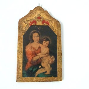 Antique Florentine frame Virgin and Child Jesus La Vergine Col Figlio Murillo, religious frame icon in gilded wood, religious wall art gift